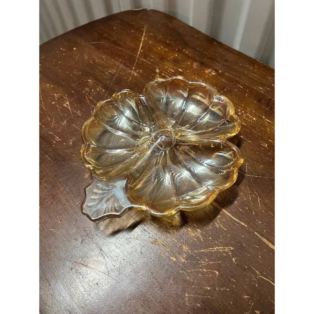 Vintage Federal Glass Amber Sungold Petal Sunflower Plates and Leaf Dish Set